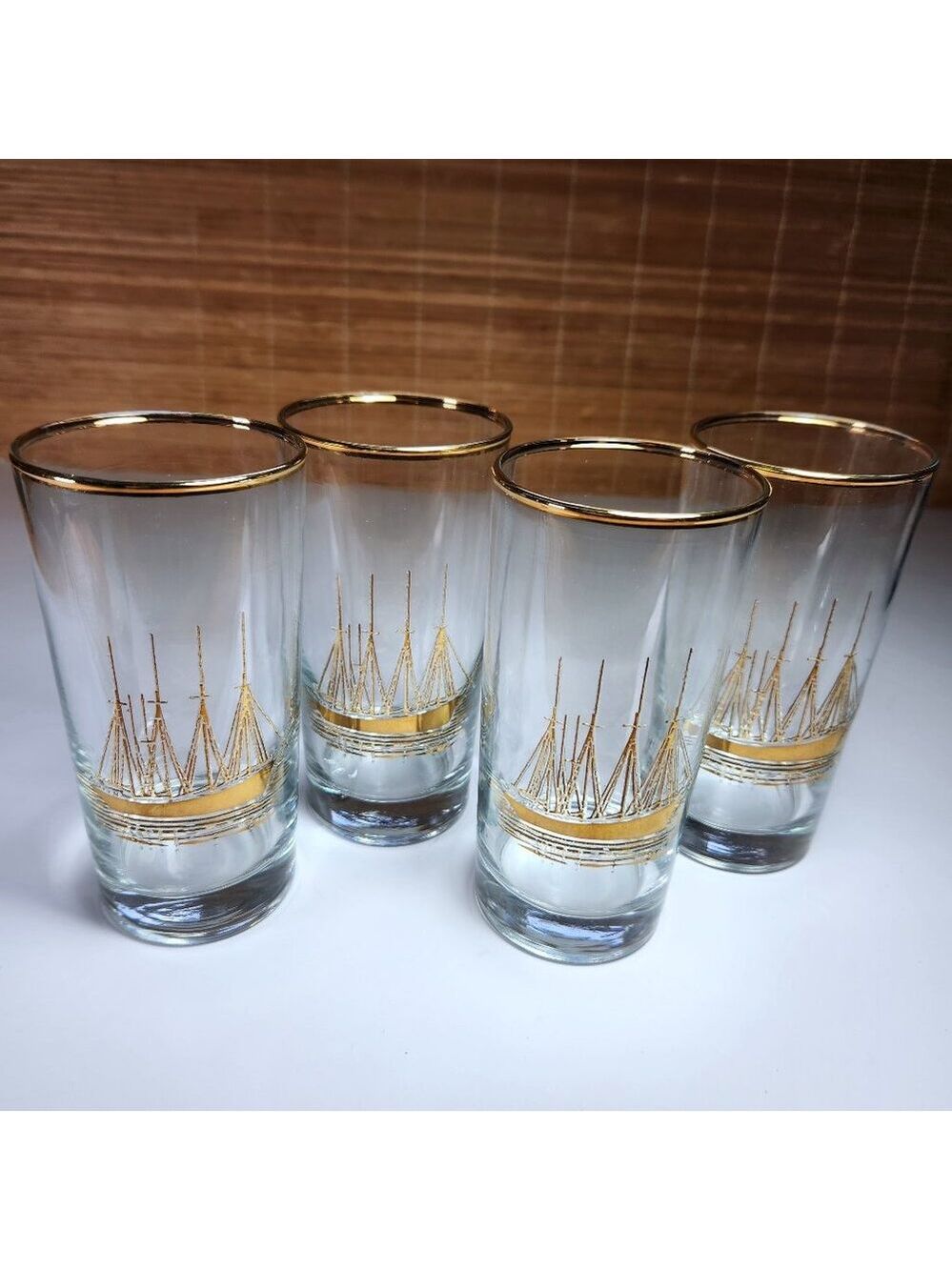 Vintage Gold Clipper Ship Highball Glasses Set of 4 • 12 oz Mid Century Barware